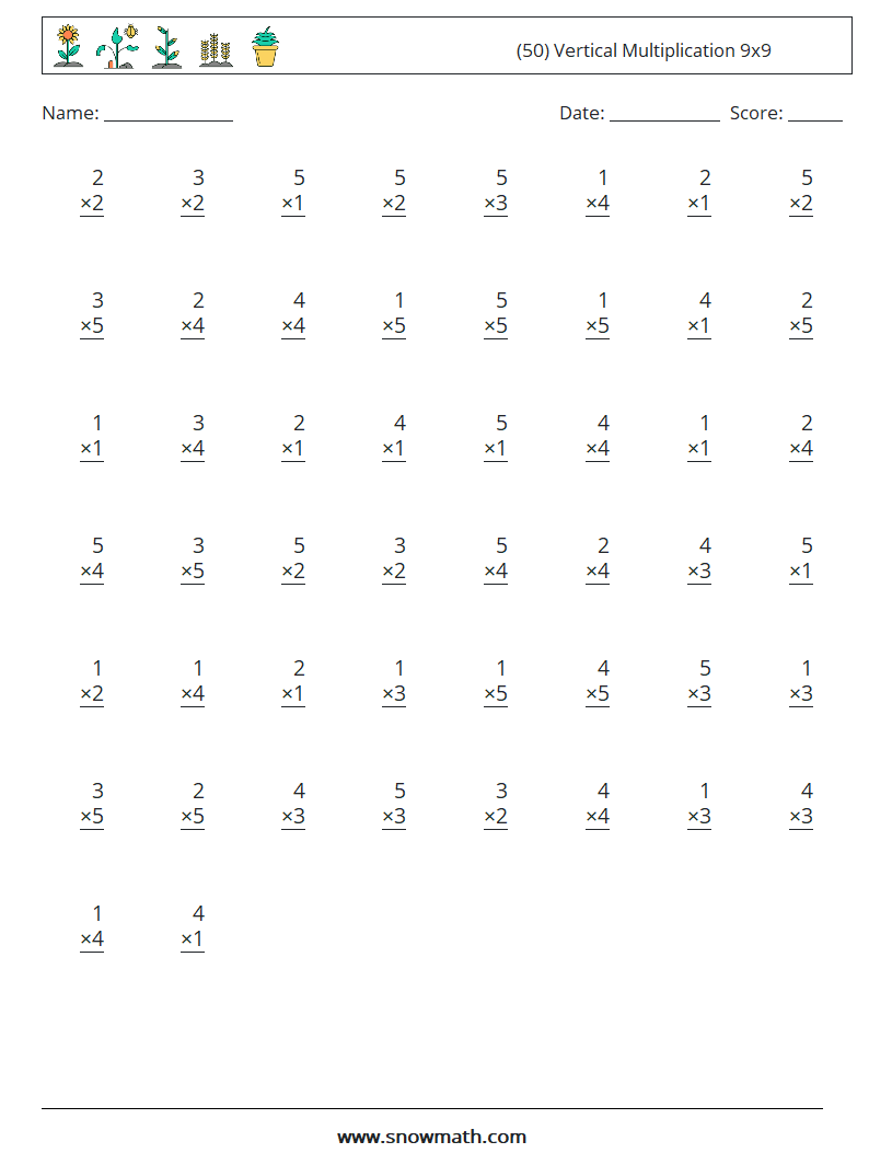 (50) Vertical Multiplication 9x9 Math Worksheets 6