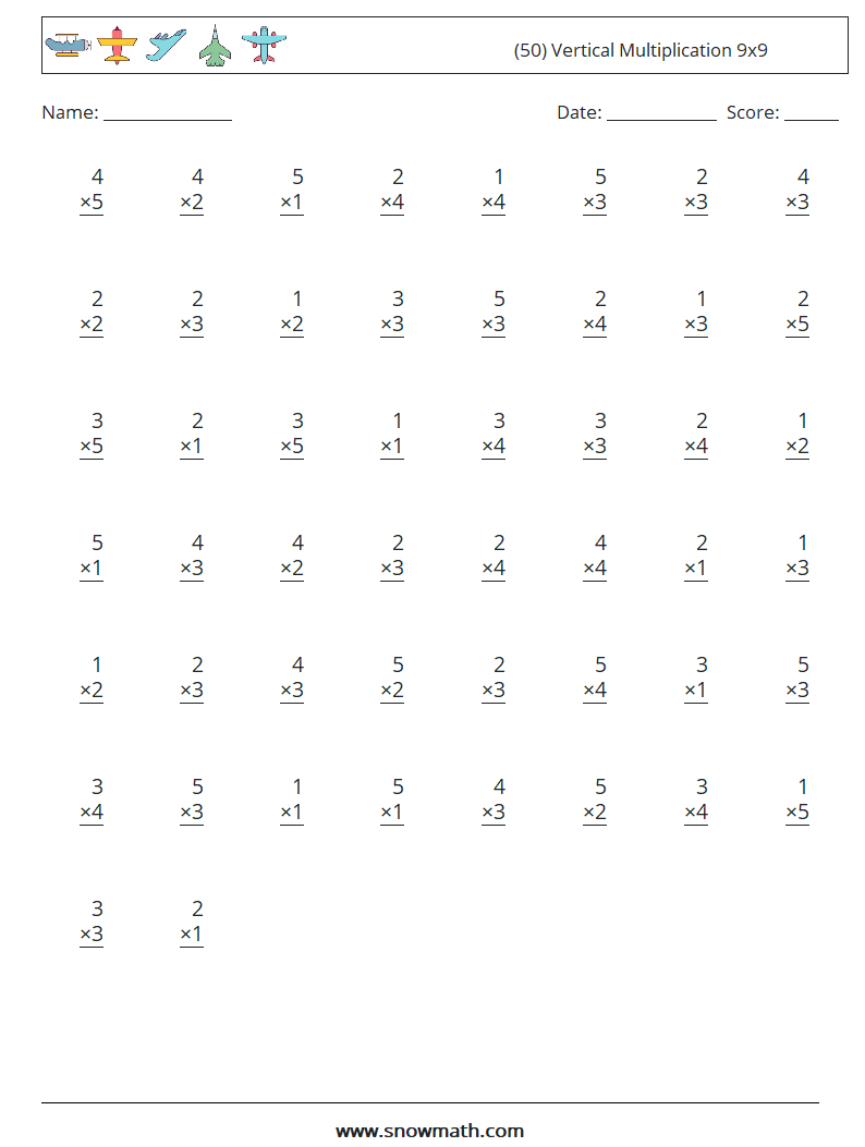 (50) Vertical Multiplication 9x9 Math Worksheets 7