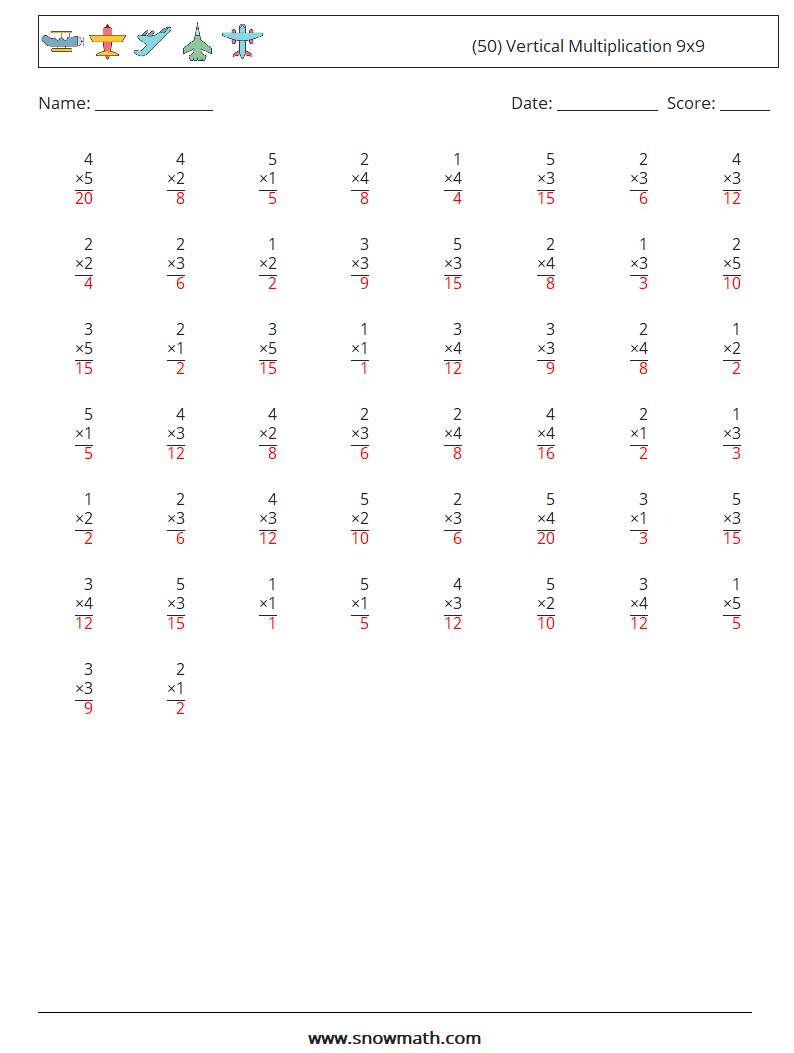 (50) Vertical Multiplication 9x9 Math Worksheets 7 Question, Answer