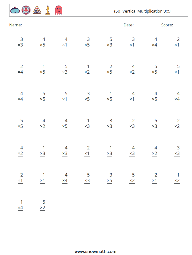 (50) Vertical Multiplication 9x9 Math Worksheets 8