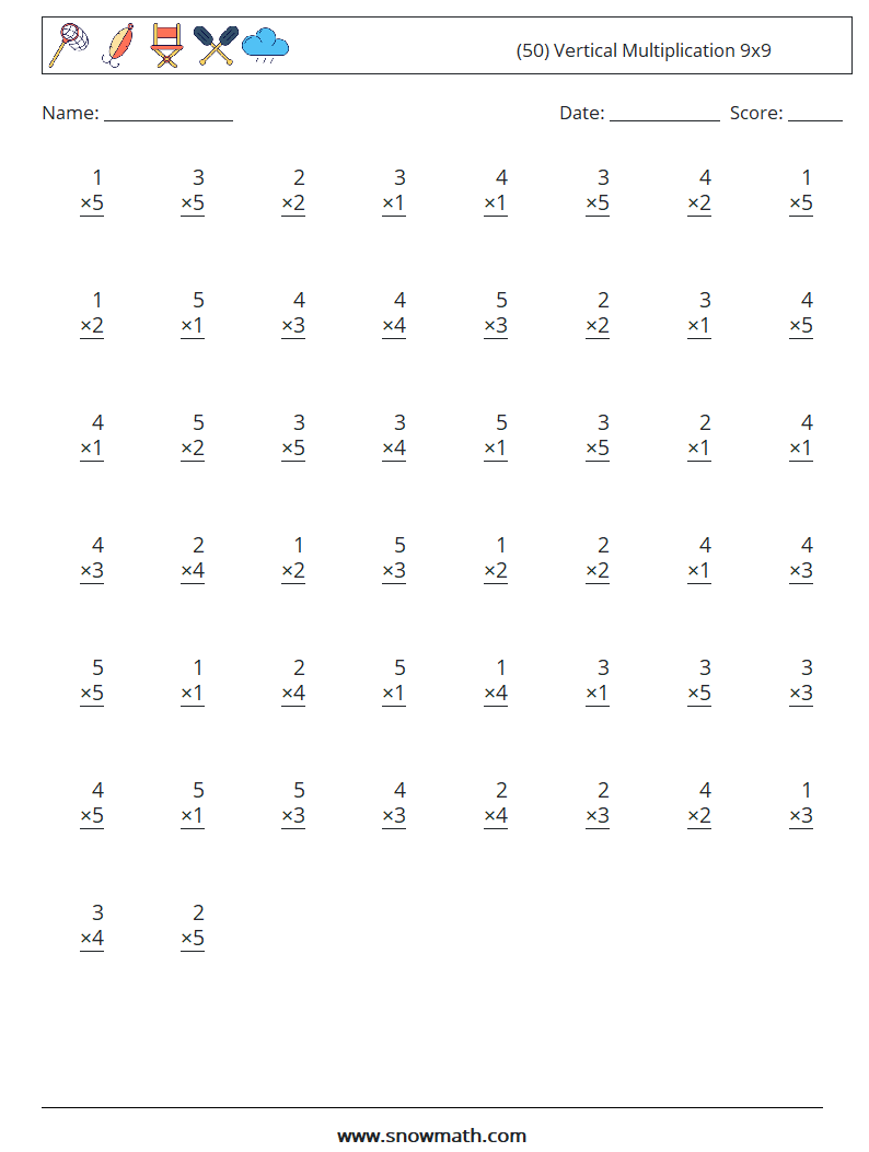 (50) Vertical Multiplication 9x9 Maths Worksheets 9