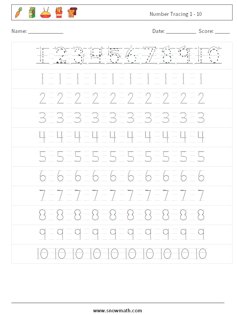 Number Tracing 1 - 10 Math Worksheets 2