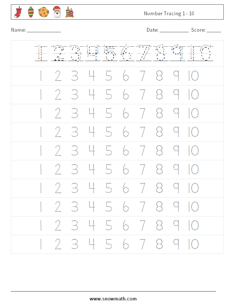 Number Tracing 1 - 10 Math Worksheets 3