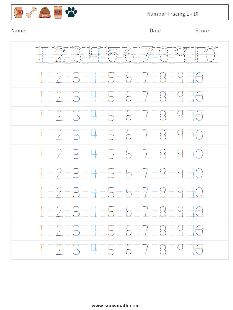 Number Tracing 1 - 10 Math Worksheets 4