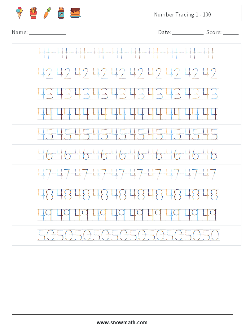 Number Tracing 1 - 100 Math Worksheets 10