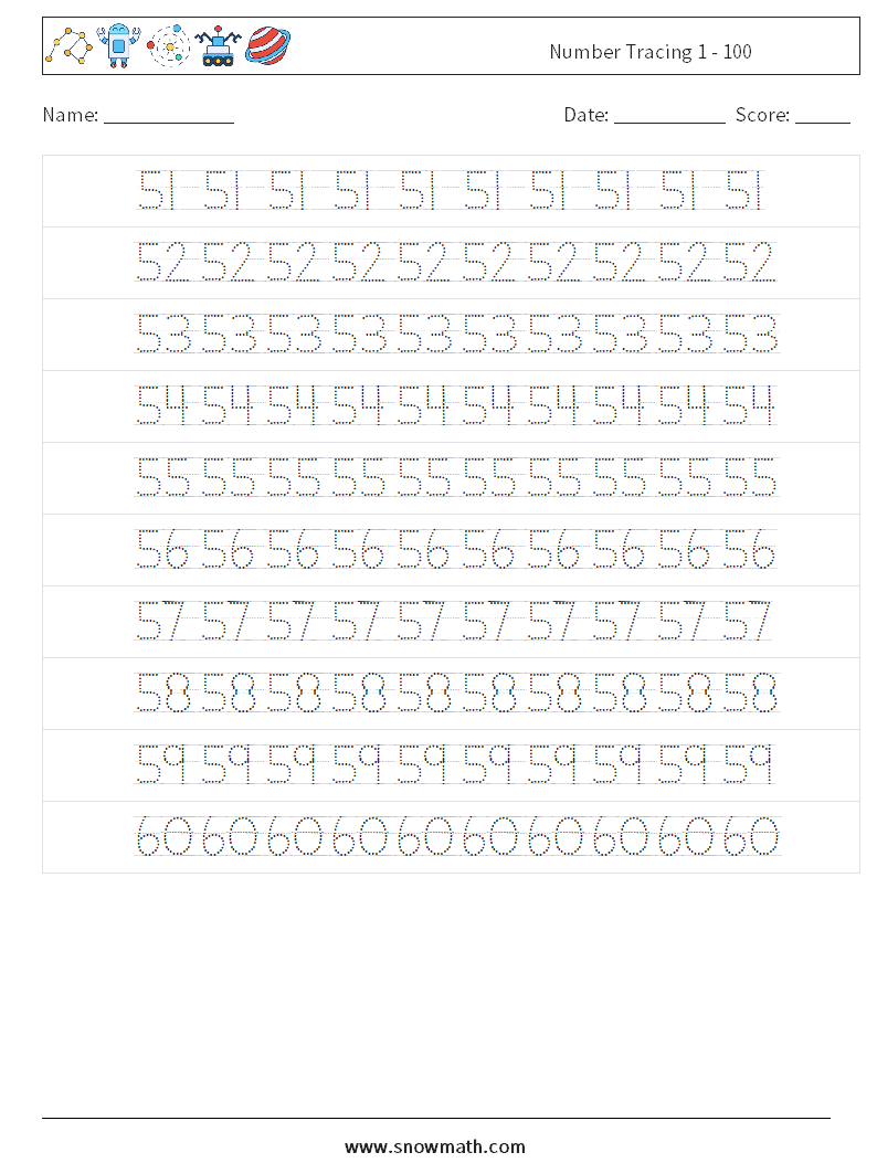 Number Tracing 1 - 100 Math Worksheets 12