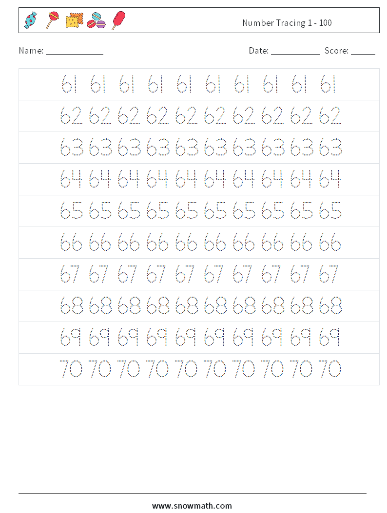 Number Tracing 1 - 100 Math Worksheets 13