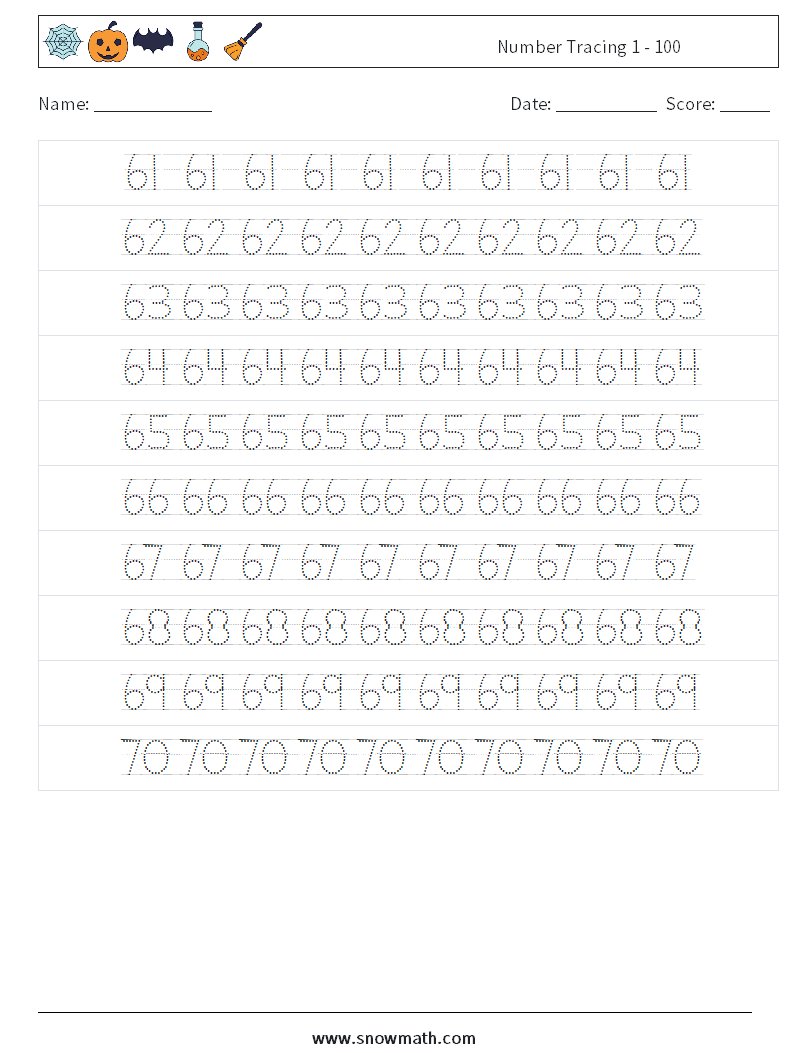 Number Tracing 1 - 100 Math Worksheets 14