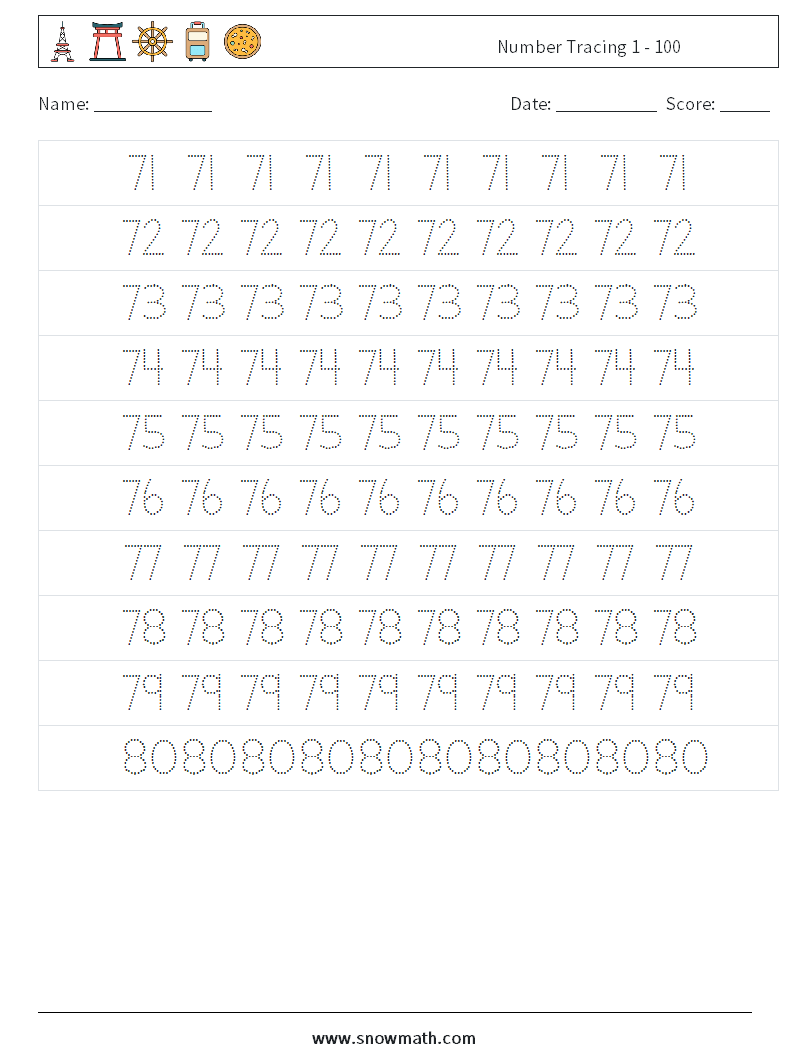 Number Tracing 1 - 100 Math Worksheets 15