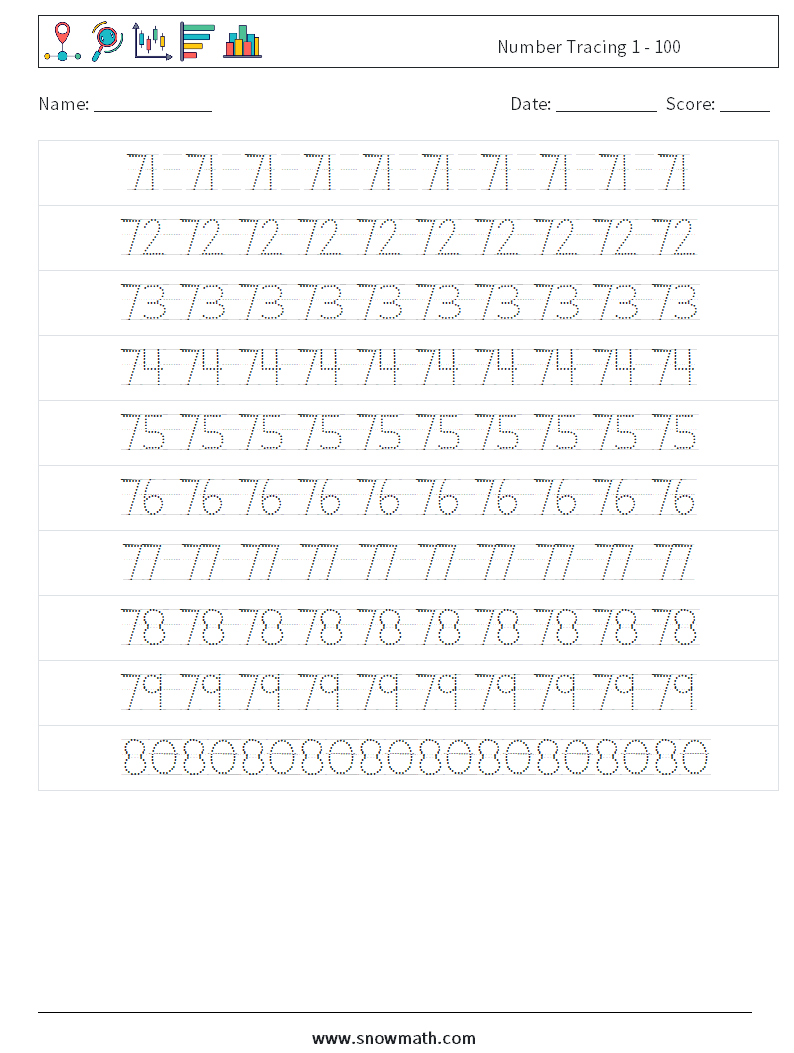 Number Tracing 1 - 100 Maths Worksheets 16