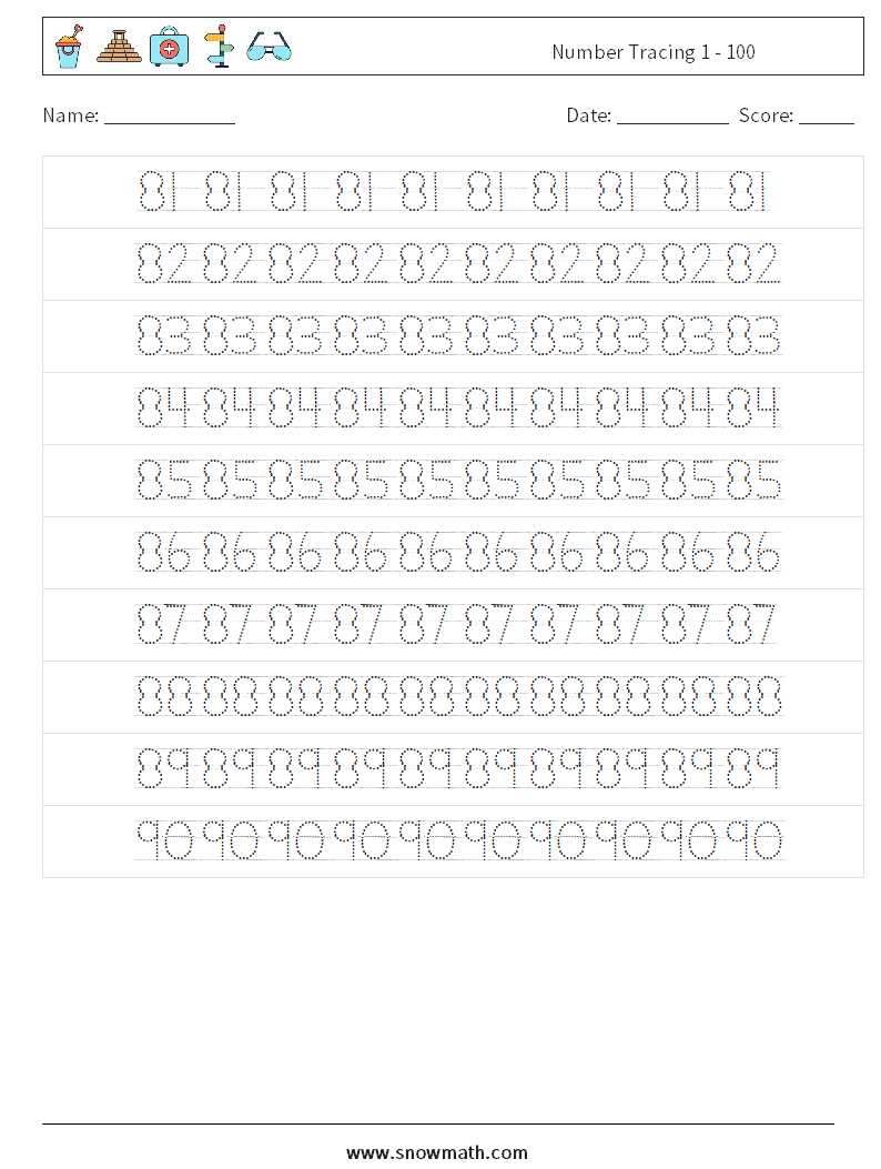 Number Tracing 1 - 100 Maths Worksheets 18