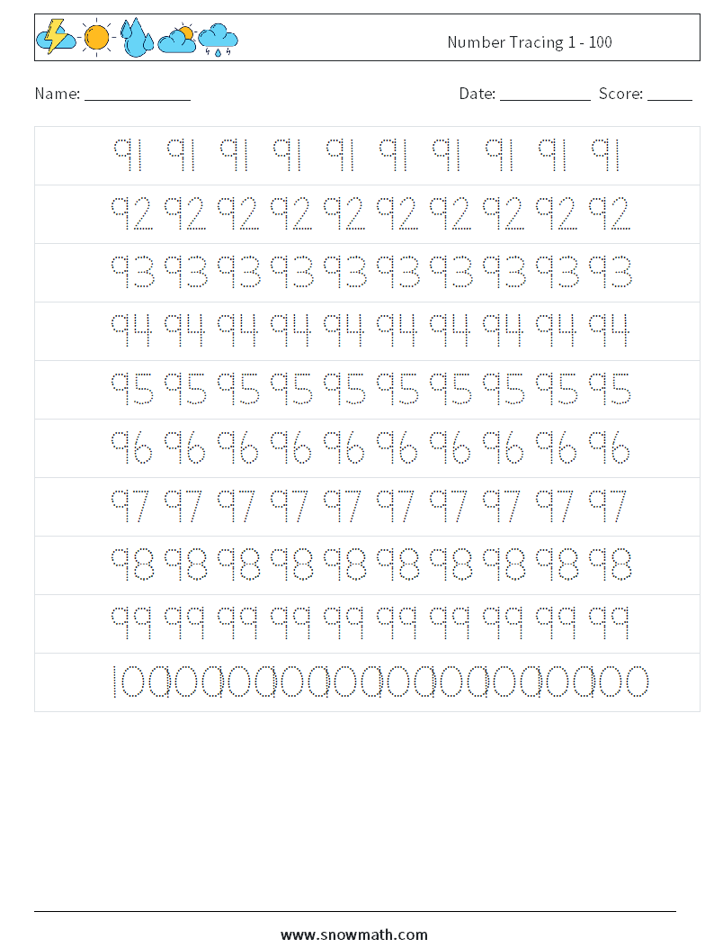 Number Tracing 1 - 100 Maths Worksheets 19