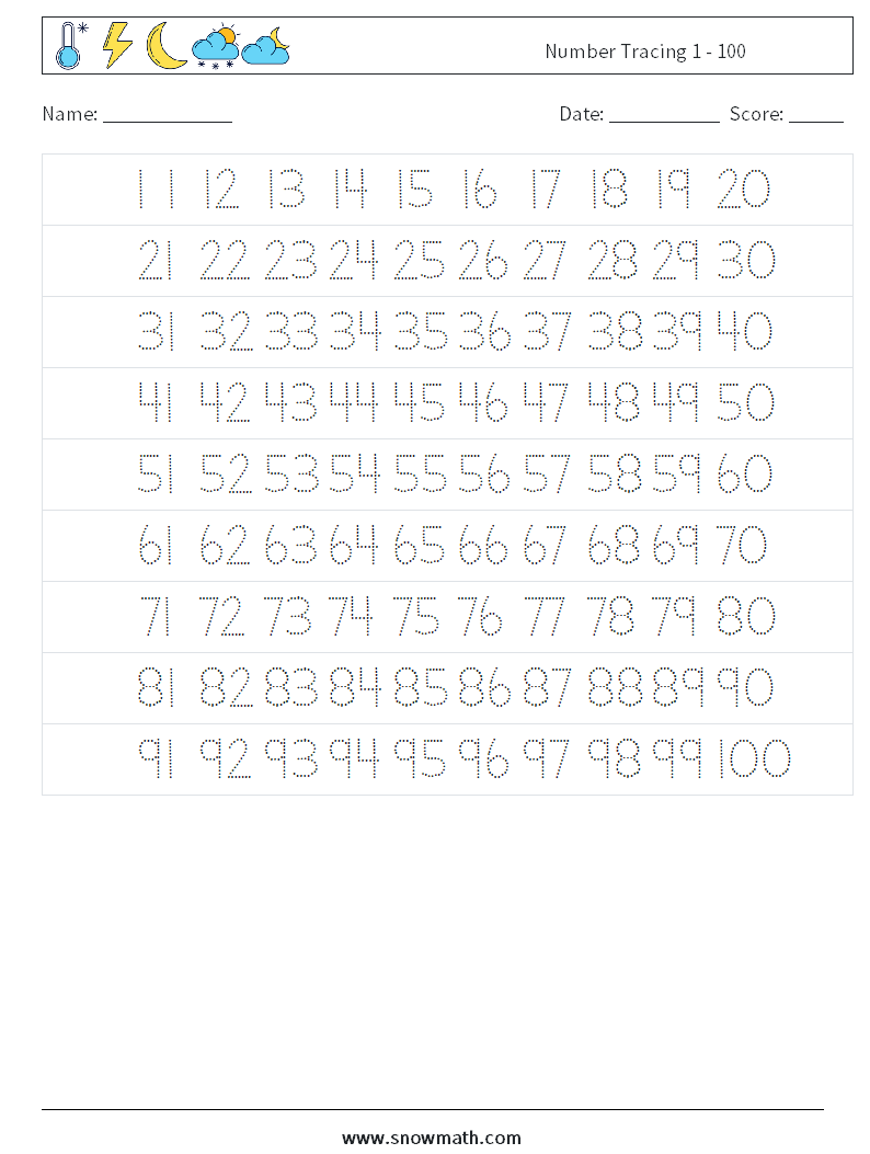 Number Tracing 1 - 100 Maths Worksheets 21