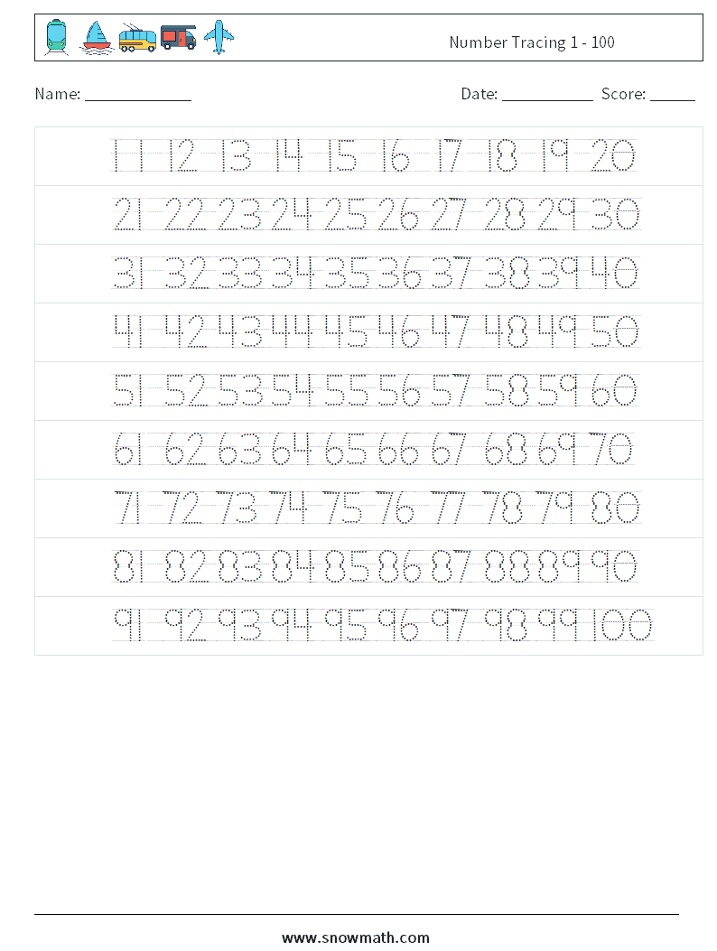 Number Tracing 1 - 100 Maths Worksheets 22