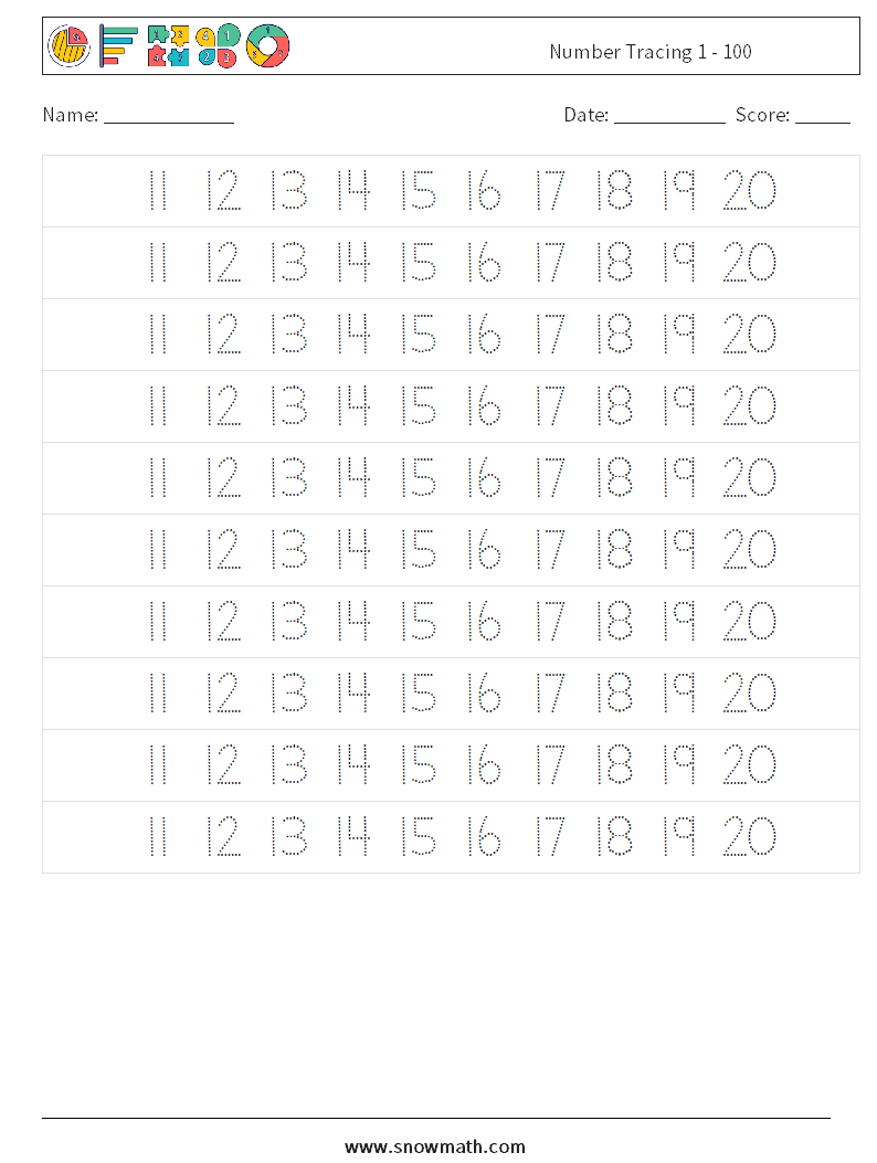 Number Tracing 1 - 100 Maths Worksheets 23