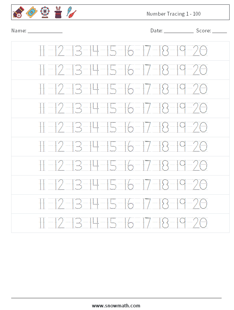 Number Tracing 1 - 100 Maths Worksheets 24