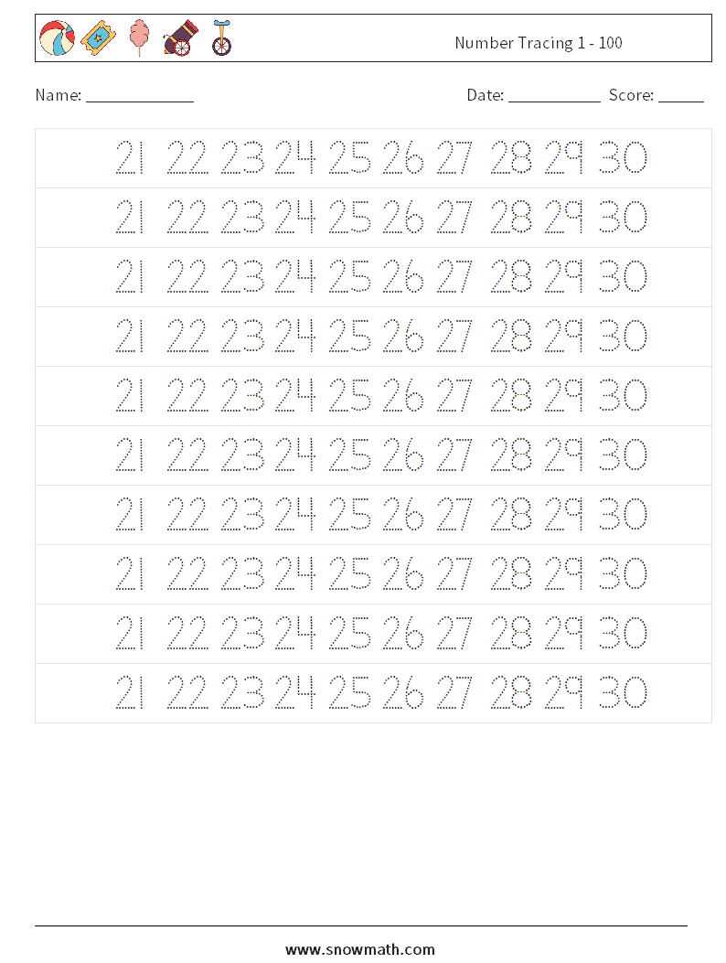 Number Tracing 1 - 100 Math Worksheets 25