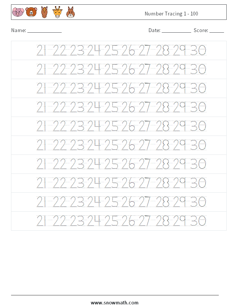 Number Tracing 1 - 100 Maths Worksheets 26