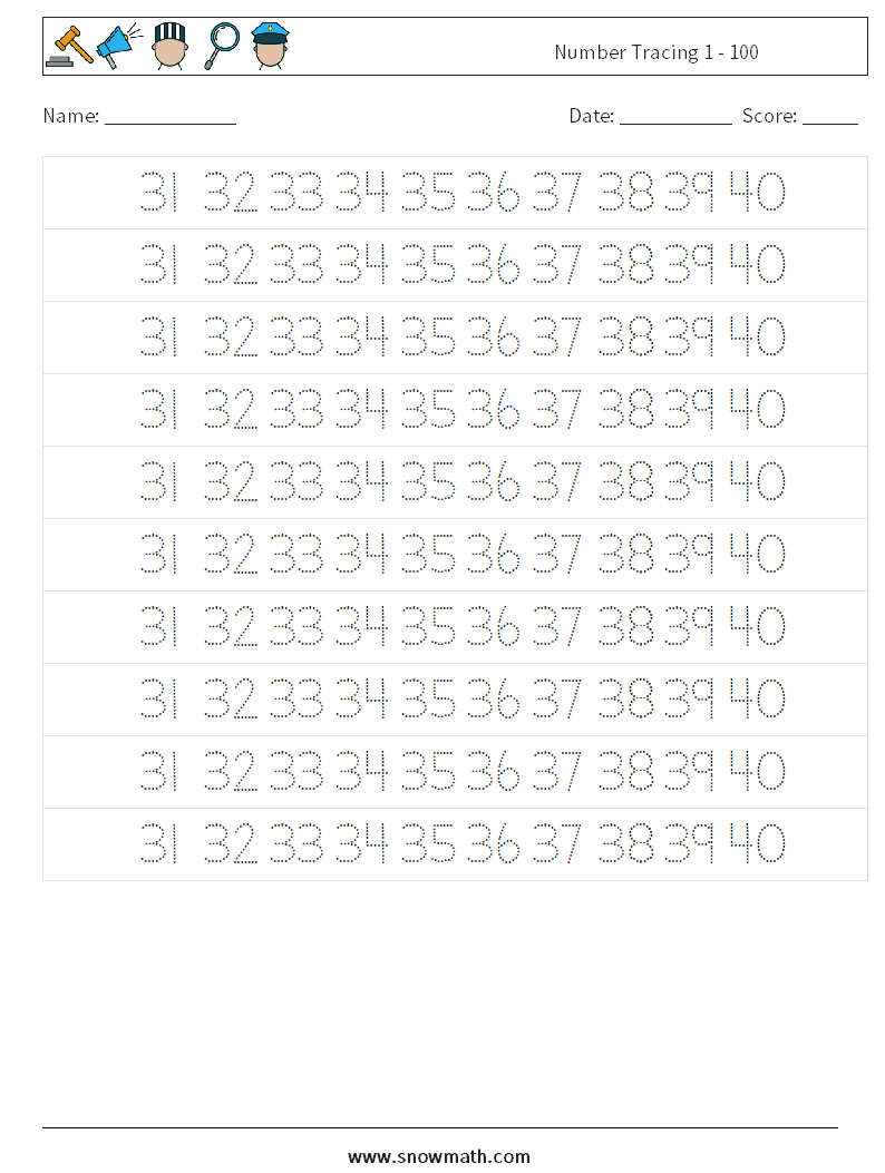 Number Tracing 1 - 100 Maths Worksheets 27