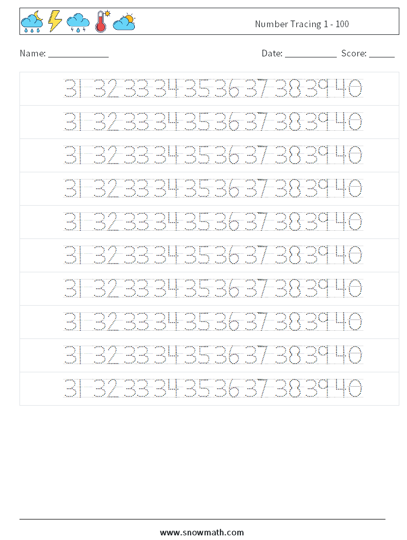 Number Tracing 1 - 100 Maths Worksheets 28