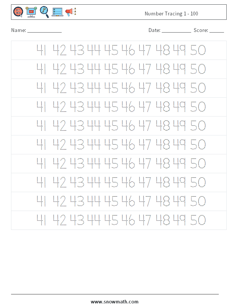 Number Tracing 1 - 100 Maths Worksheets 29