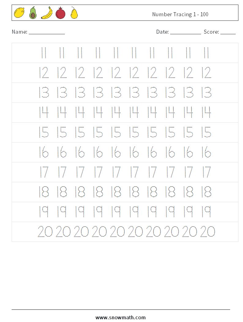 Number Tracing 1 - 100 Math Worksheets 3