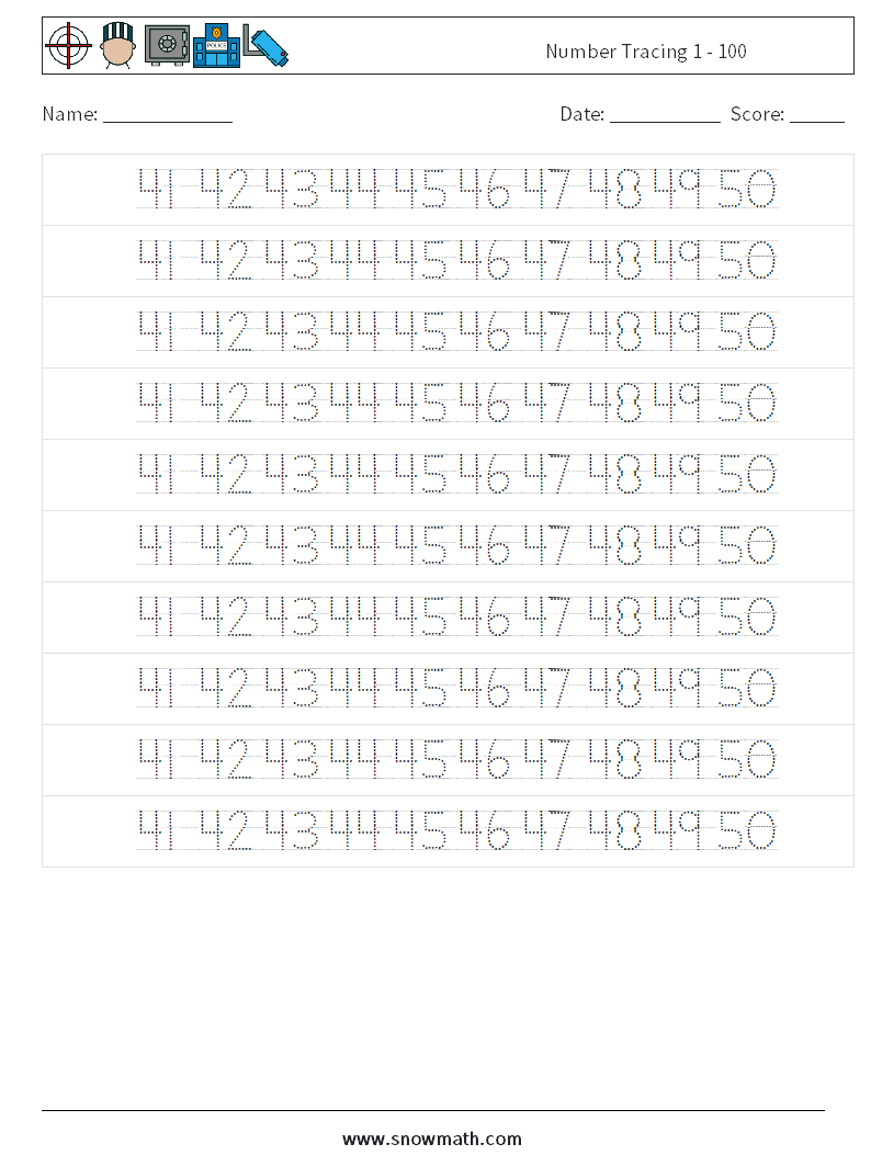 Number Tracing 1 - 100 Math Worksheets 30