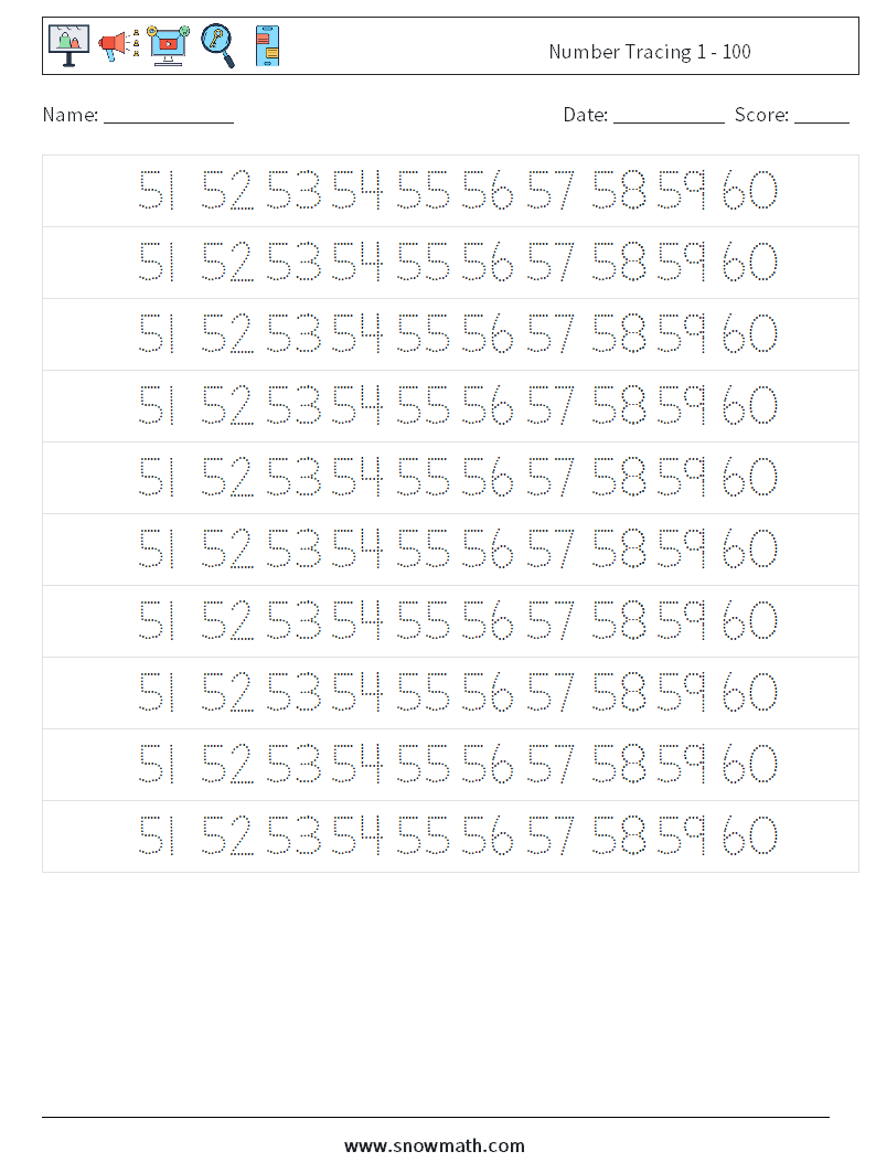 Number Tracing 1 - 100 Maths Worksheets 31