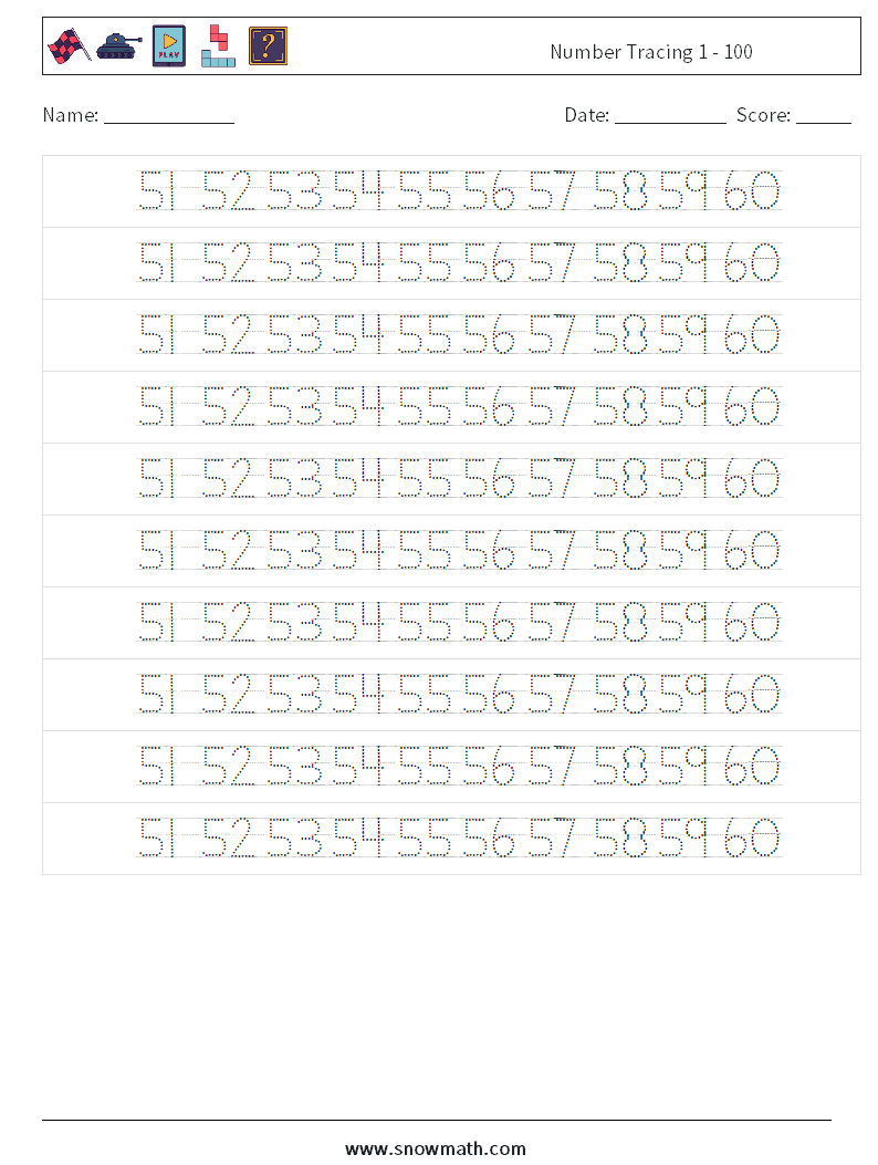 Number Tracing 1 - 100 Maths Worksheets 32