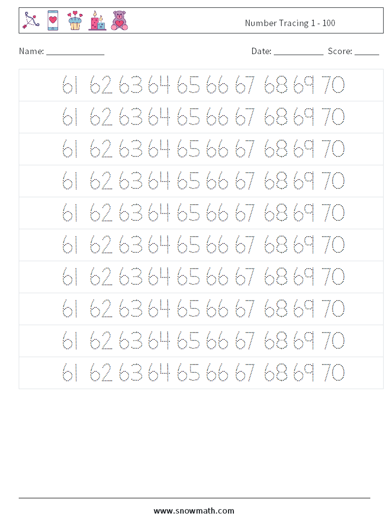 Number Tracing 1 - 100 Math Worksheets 33