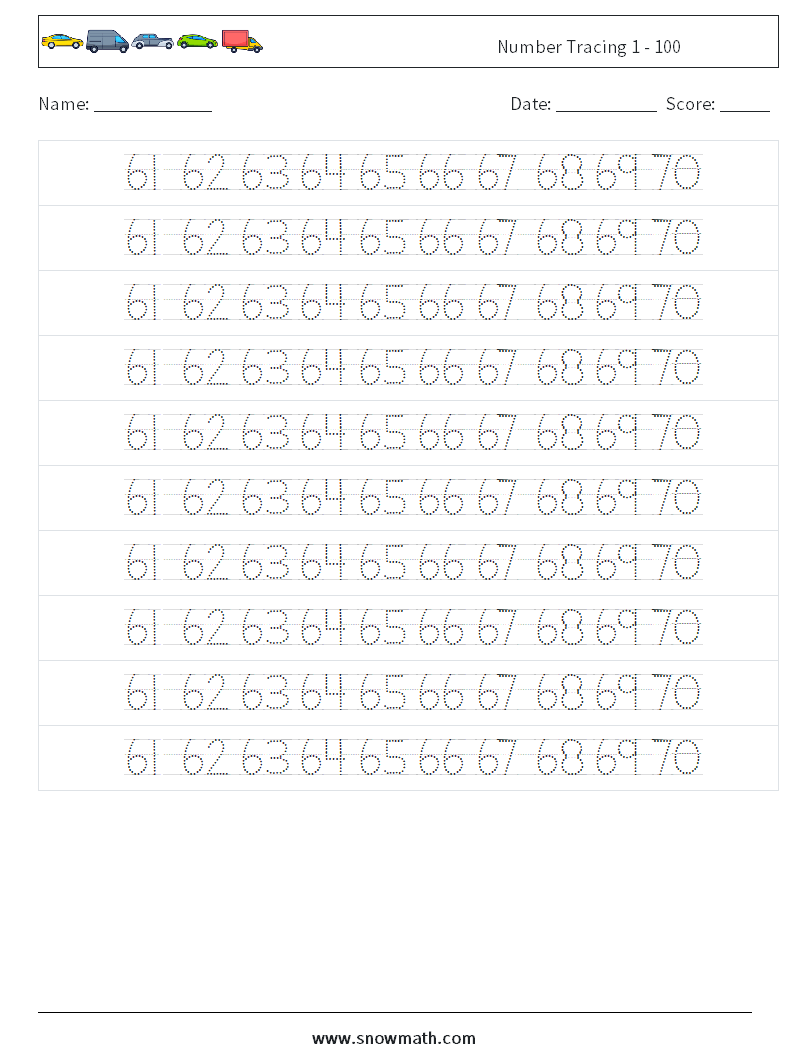 Number Tracing 1 - 100 Math Worksheets 34