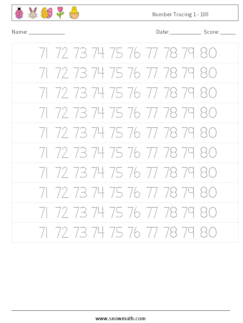 Number Tracing 1 - 100 Maths Worksheets 35