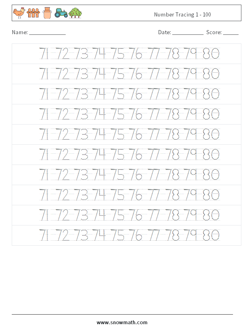 Number Tracing 1 - 100 Math Worksheets 36