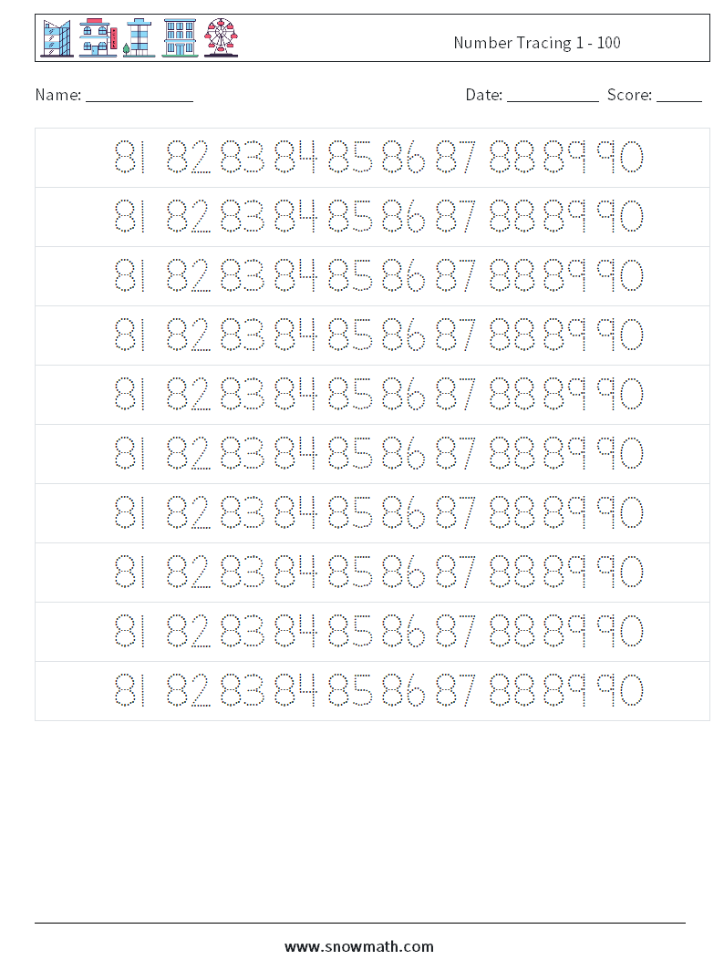 Number Tracing 1 - 100 Maths Worksheets 37