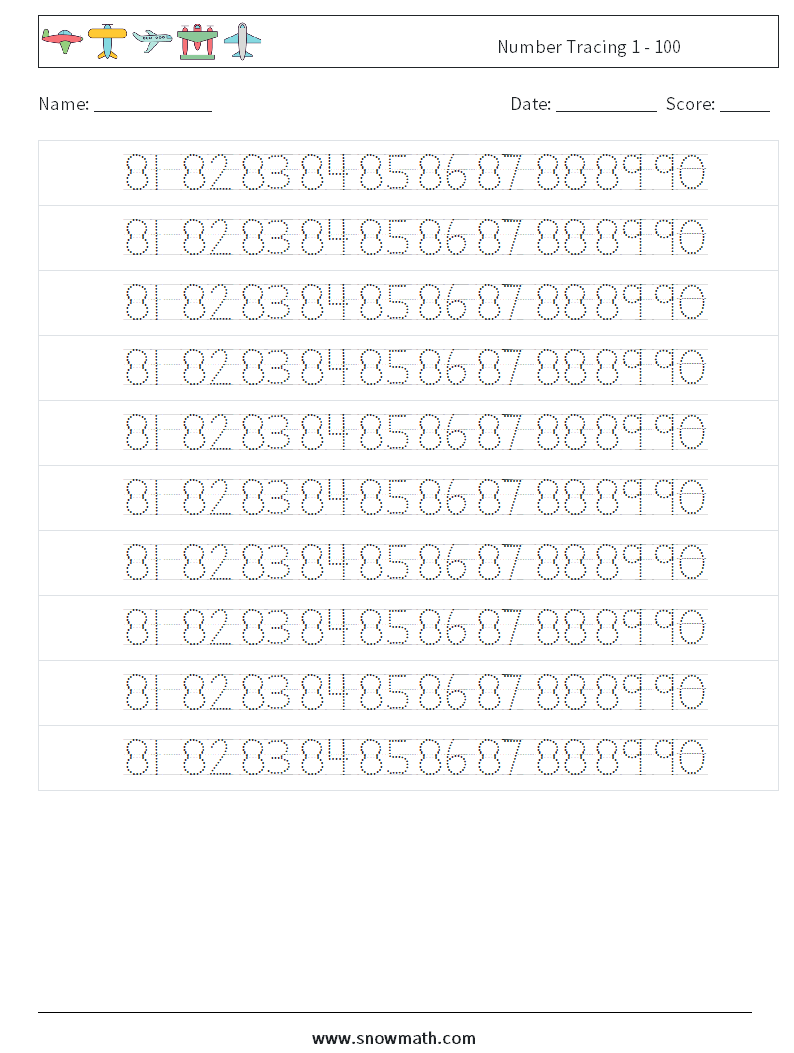 Number Tracing 1 - 100 Math Worksheets 38