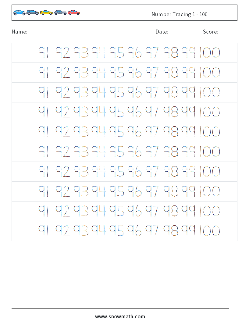 Number Tracing 1 - 100 Maths Worksheets 39