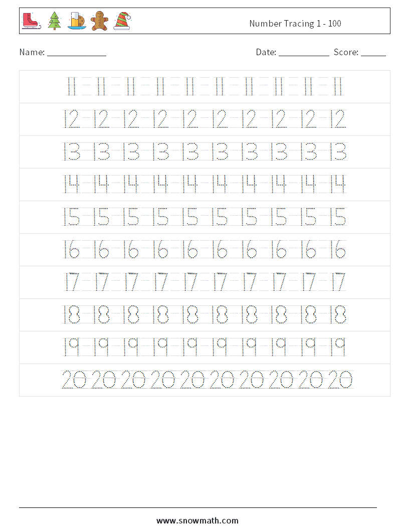 Number Tracing 1 - 100 Math Worksheets 4