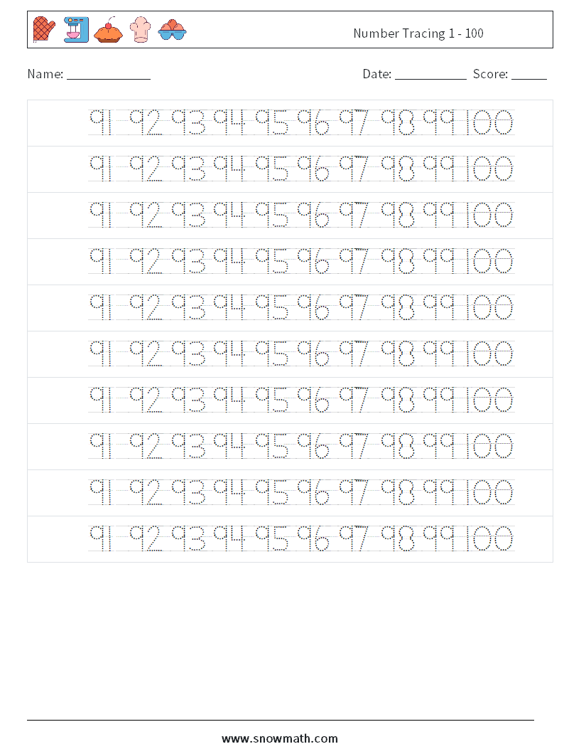 Number Tracing 1 - 100 Math Worksheets 40