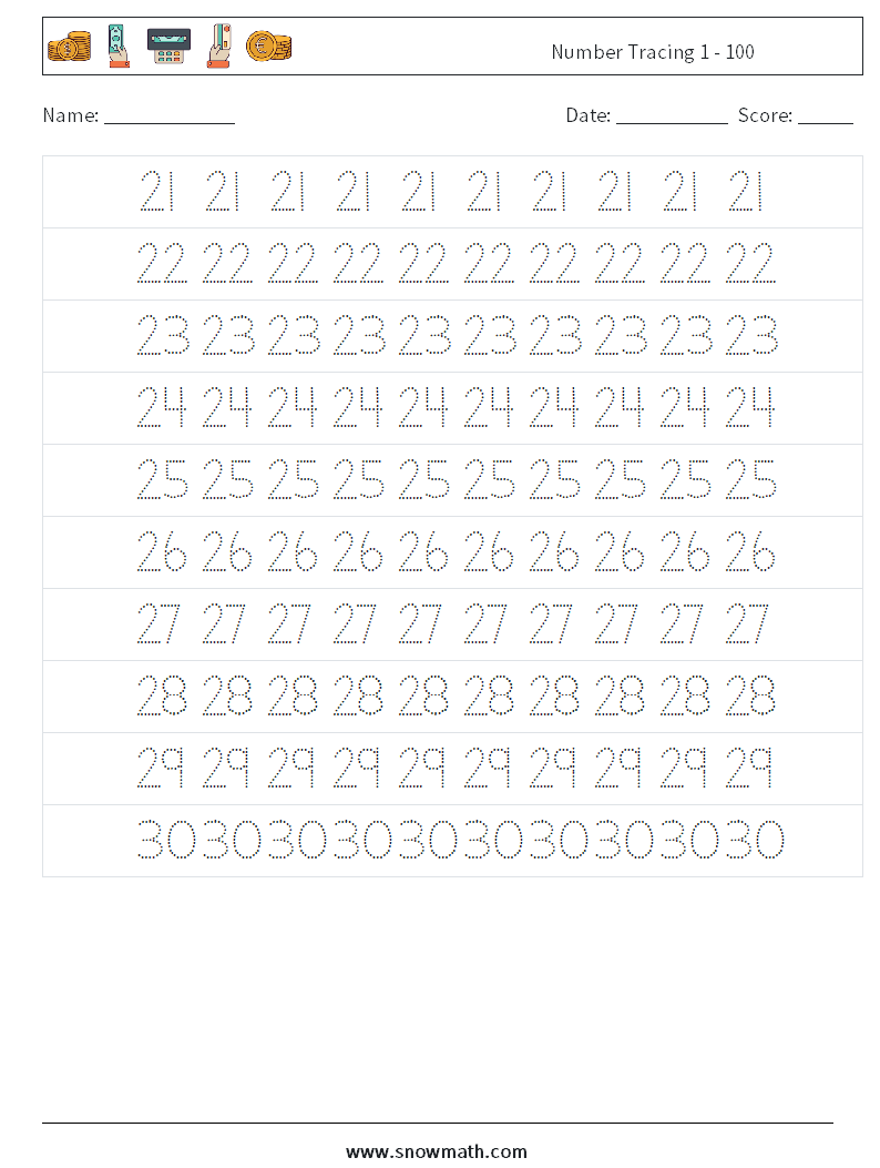 Number Tracing 1 - 100 Maths Worksheets 5