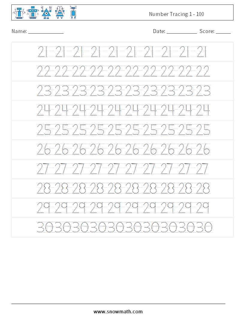 Number Tracing 1 - 100 Math Worksheets 6