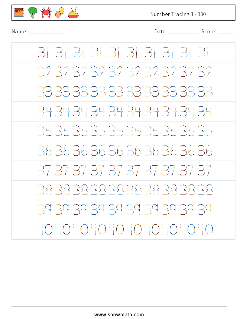 Number Tracing 1 - 100 Math Worksheets 7