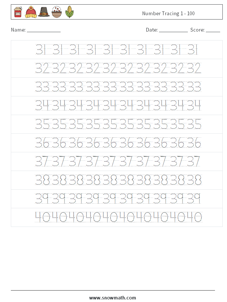 Number Tracing 1 - 100 Maths Worksheets 8