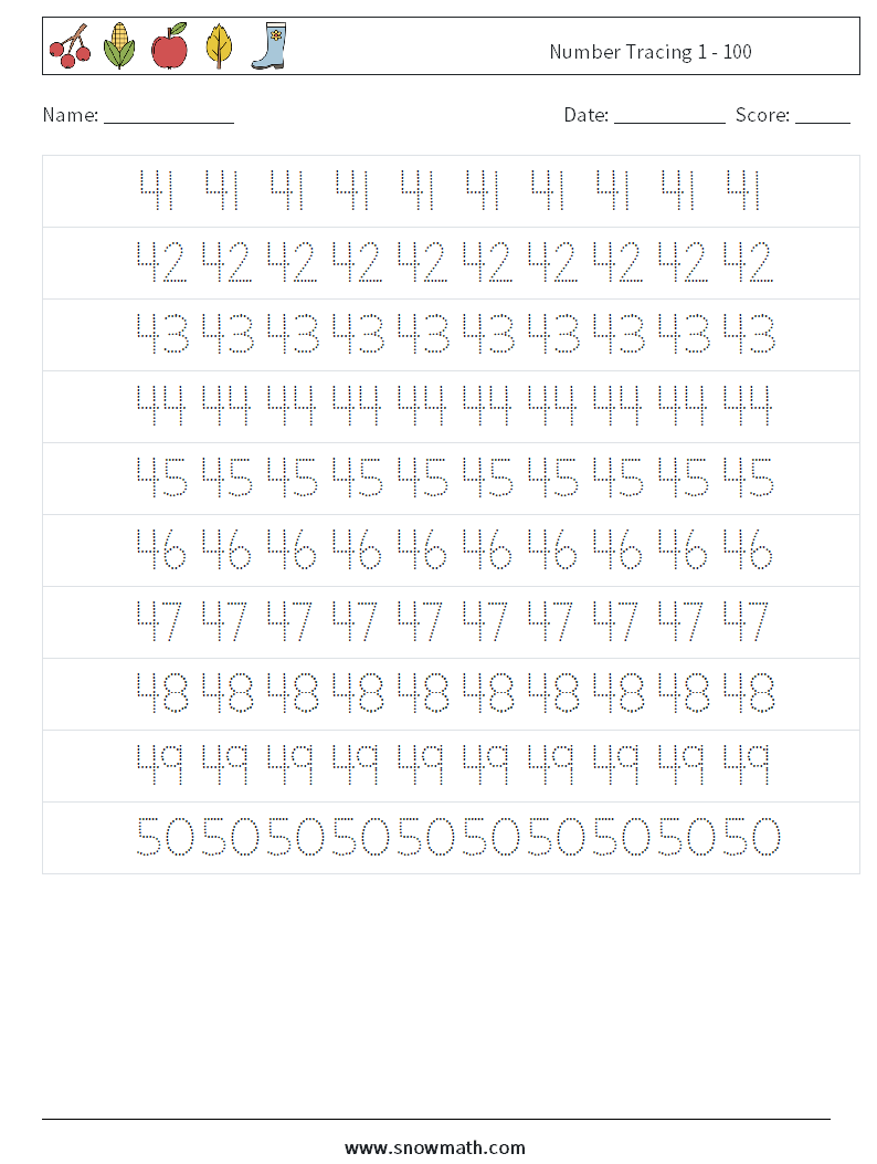 Number Tracing 1 - 100 Maths Worksheets 9