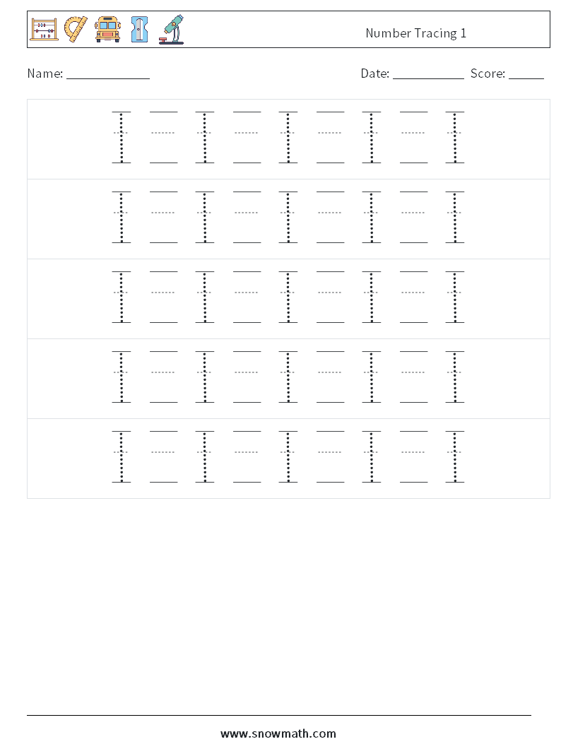 Number Tracing 1 Maths Worksheets 22