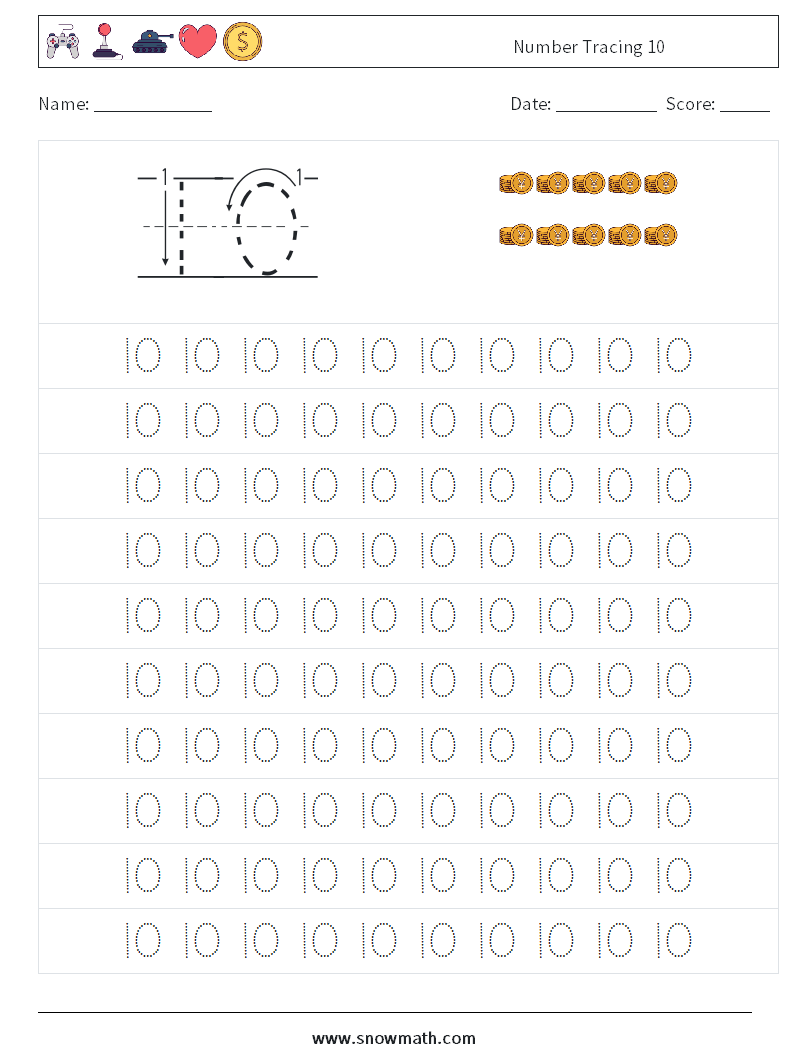 Number Tracing 10 Maths Worksheets 1