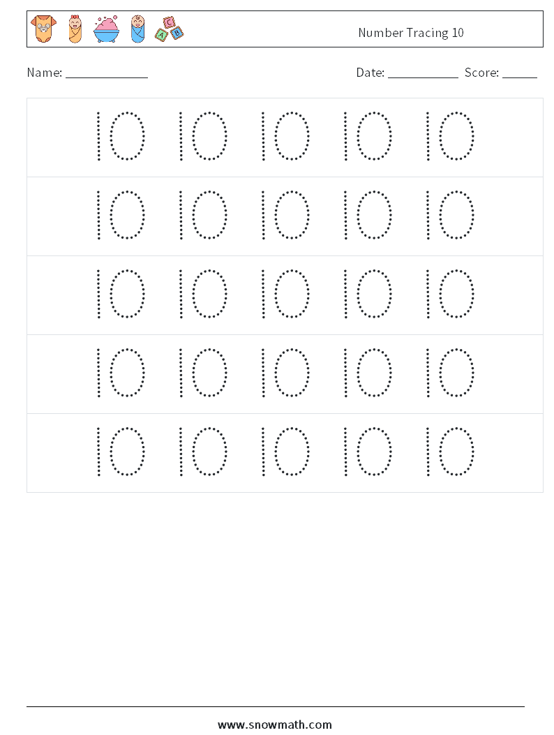 Number Tracing 10 Math Worksheets 10