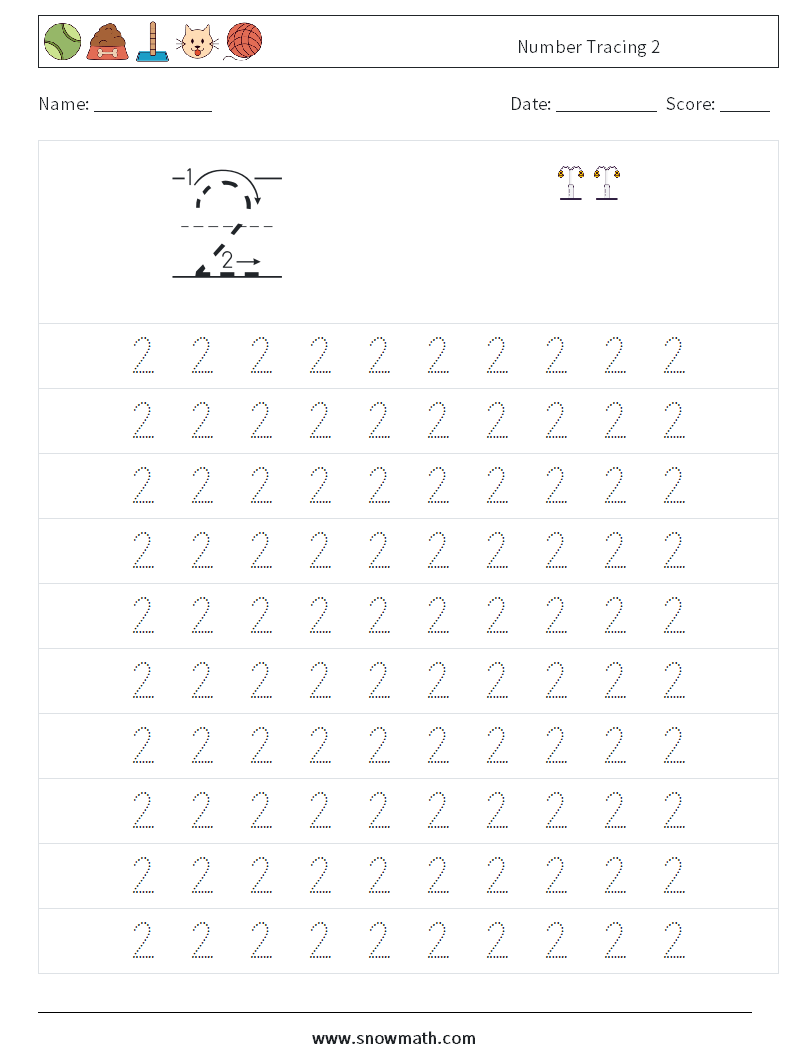 Number Tracing 2 Math Worksheets 1