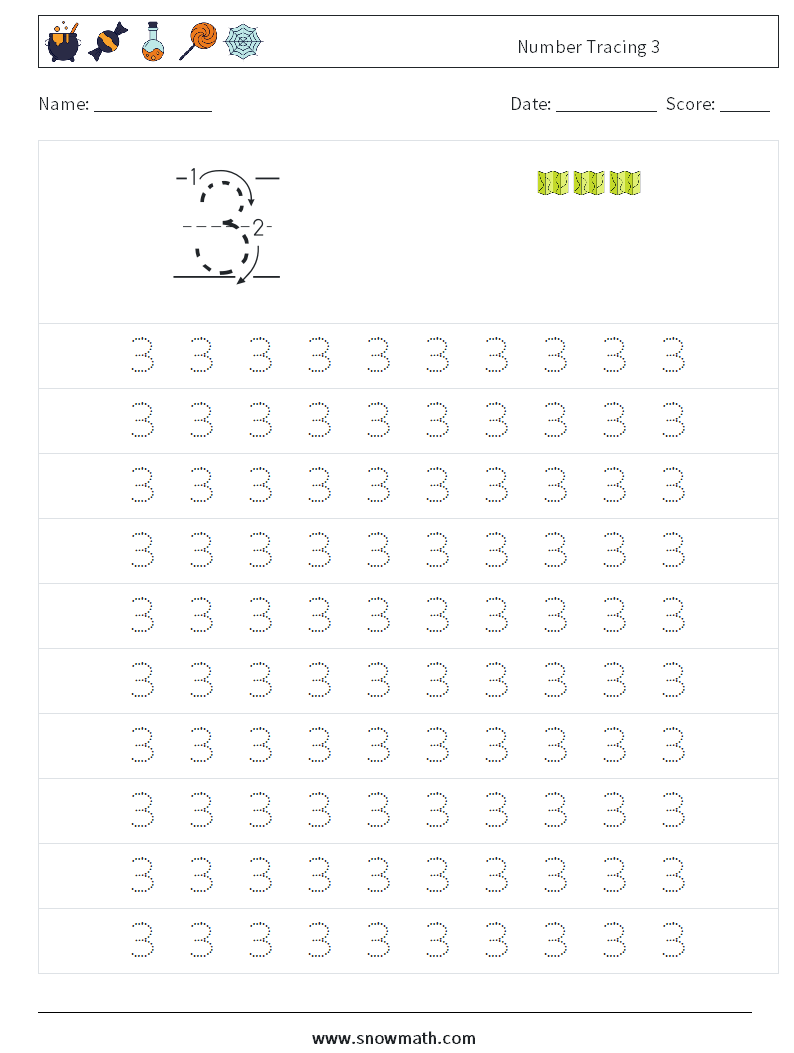 Number Tracing 3 Math Worksheets 1