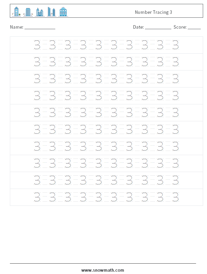 Number Tracing 3 Maths Worksheets 14