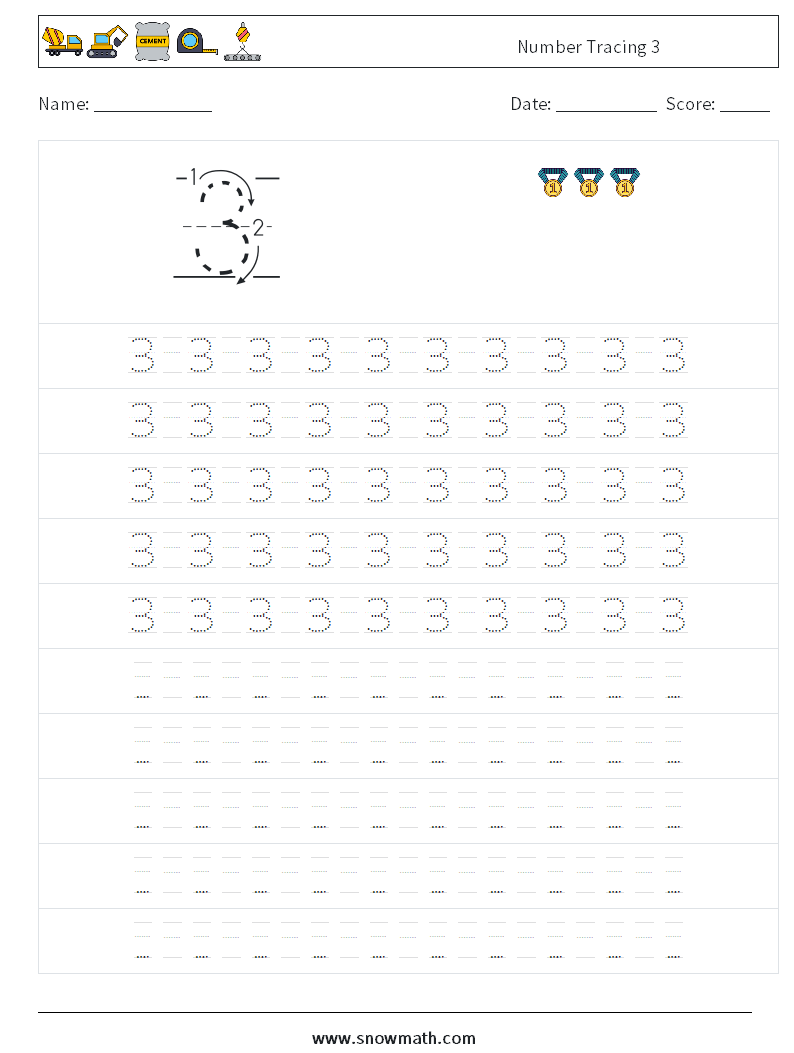 Number Tracing 3 Math Worksheets 15